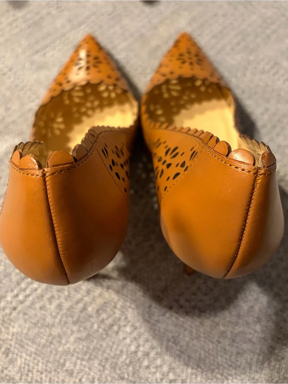 Kate Spade Tan Laser-Cut Scalloped Pointed Toe Pumps